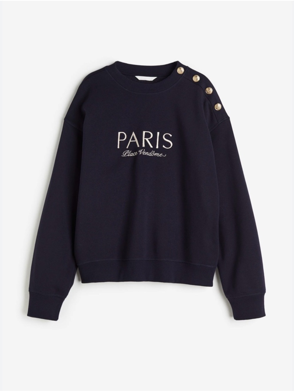 H&M Navy Crewneck Sweater with 'PARIS' Embroidery and Shoulder Buttons